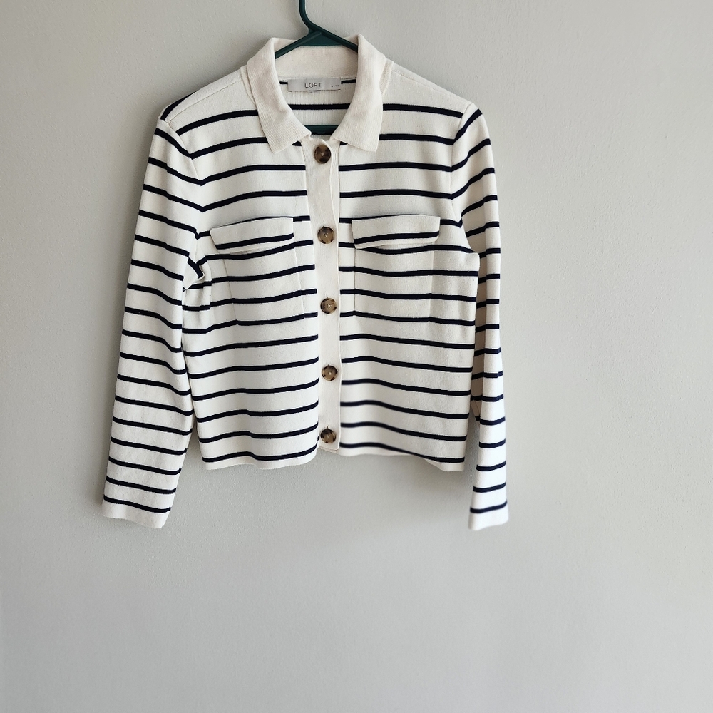 LOFT Cream and Navy Striped Button Front Cardigan